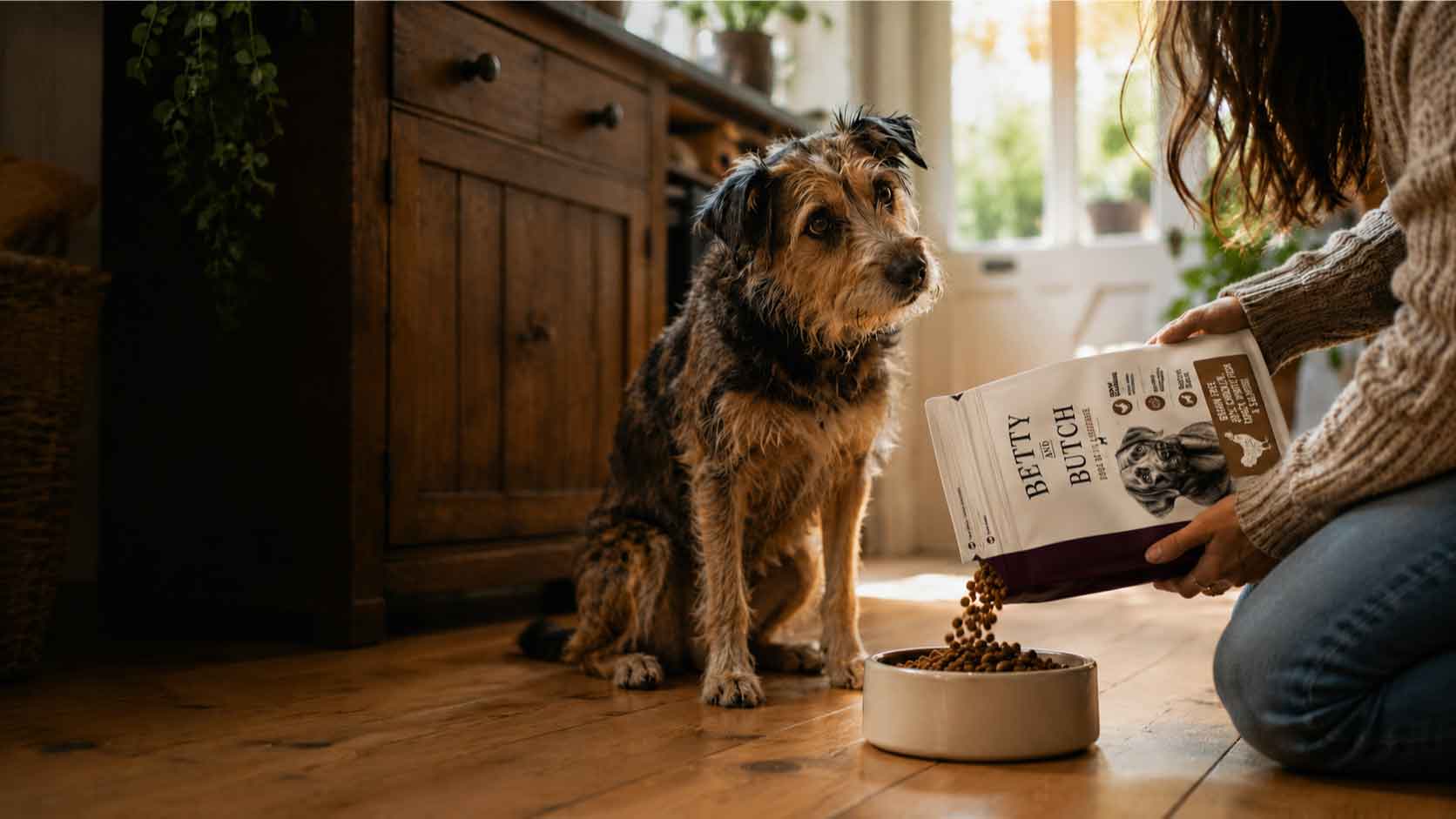 A person kneels on a wooden floor in a home, pouring Betty & Butch natural dog food from a bag into a bowl while a small dog waits nearby.