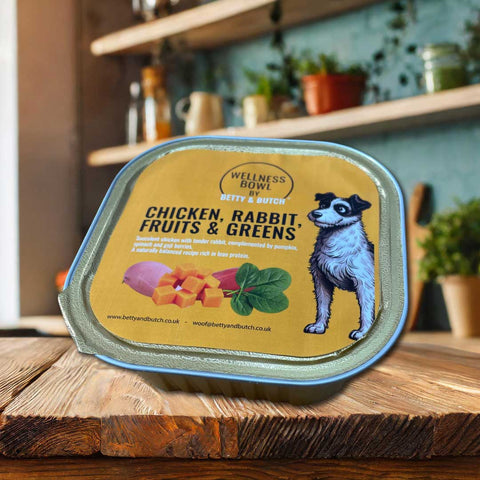Pet food container labeled 'Wellness Bowl' by Betty & Butch on a wooden surface with a kitchen background.