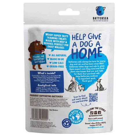 Back of Denzel’s Battersea Hearts Beef & Berries dog treats showing ingredients and nutritional information