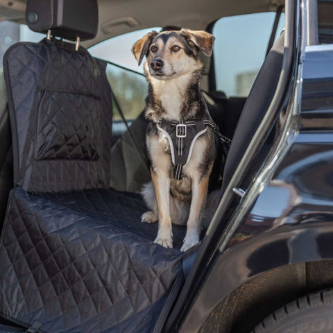 Dog sitting in a car with a quilted black bench cover and a visible brand logo.