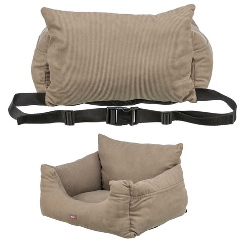 Beige pet bed with straps on a white background