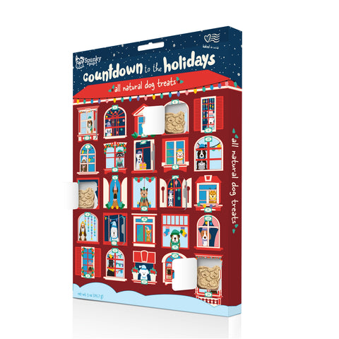 Advent calendar for dog treats with festive design on a white background
