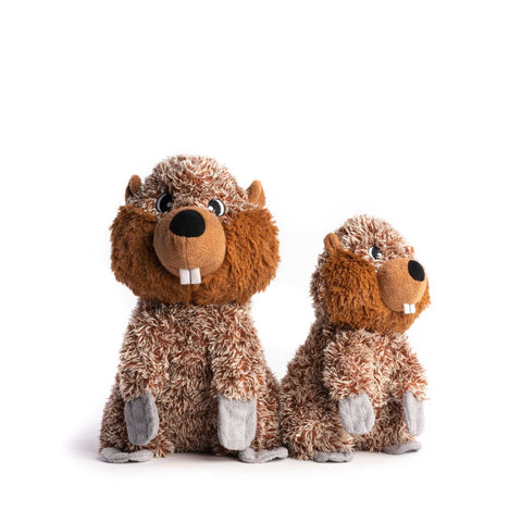 Two plush beaver dog toys on a white background