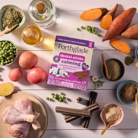 Forthglade dental sticks packaging on a table with various food items