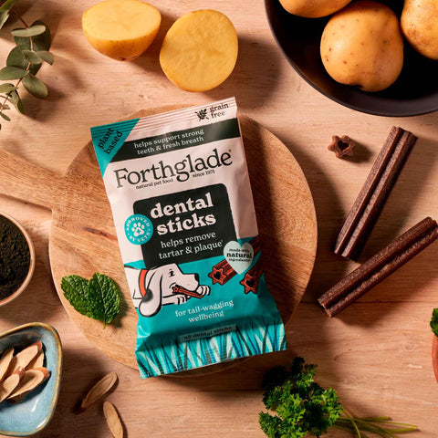 Forthglade dental sticks packaging on a wooden surface with fruits and herbs