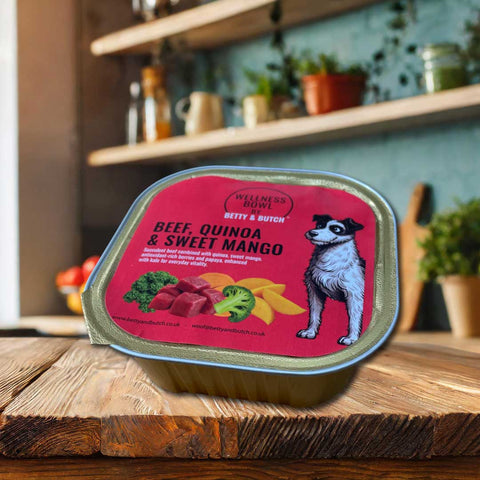 Pet food container with a pink label featuring a dog illustration on a wooden surface.