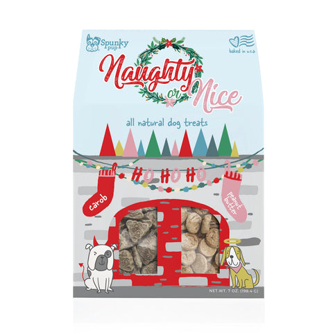 Spunky Pup dog treats packaging with Christmas theme and text 'Naughty or Nice'.
