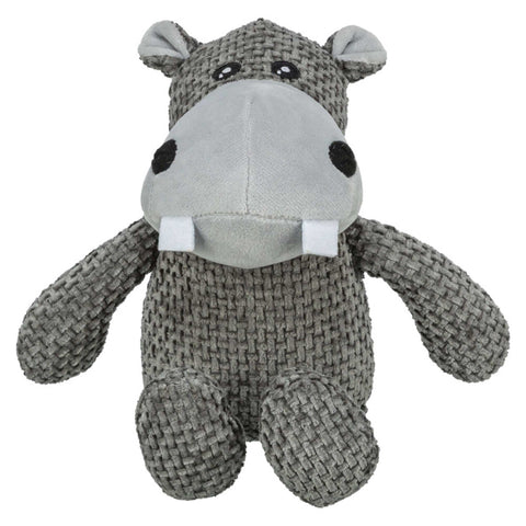 Plush toy hippo with a textured gray pattern on a white background