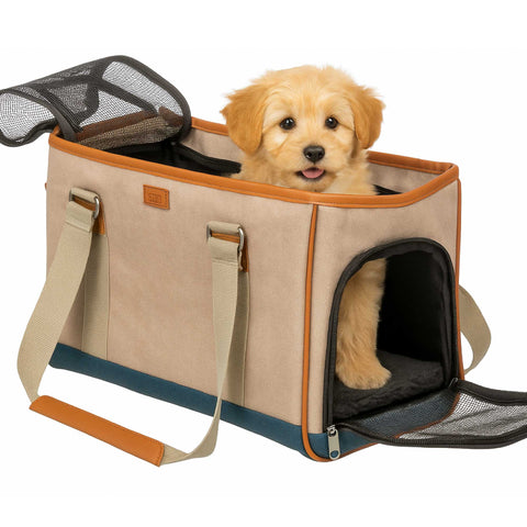 Dog carrier with a puppy inside on a white background