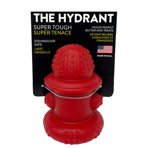 Red dog toy shaped like a fire hydrant with packaging on a white background