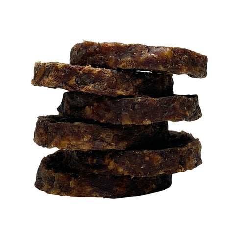 stack of beef burger treats for dogs