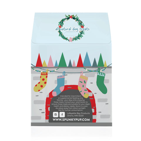 Package of all-natural dog treats with Christmas-themed design on a white background