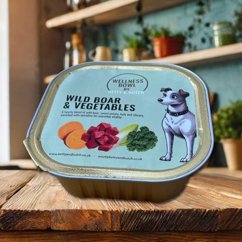 Wellness Bowl by Betty & Butch pet food container with a dog illustration on a wooden surface.