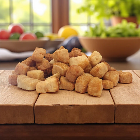 Pile of yak puffed up yaks for dogs on a wooden surface with a blurred background of fruits and vegetables.