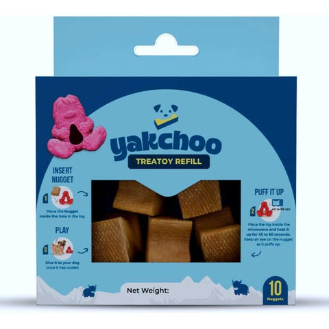 10 pack of Yakchoo Yak Chew Nugget refills 140g for interactive dog toys and Himalayan cheese puffs.