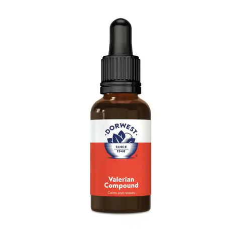 Dorwest Valerian Compound for Dogs and Cats – calming herbal supplement in a brown glass dropper bottle.